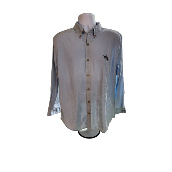 Guy Harvey Button Down Shirt L Blue Cotton Check Marlin Logo Coastal Fishing - Picture 2 of 9